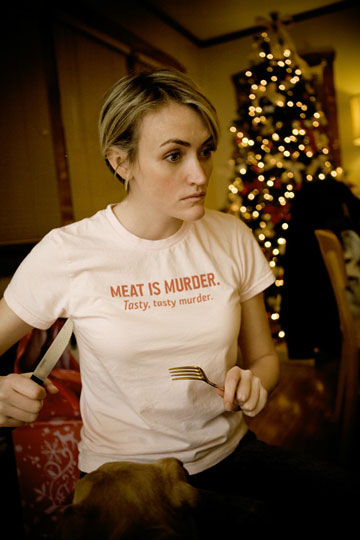 T-shirt: Meat Is Murder. Tasty, Tasty Murder.