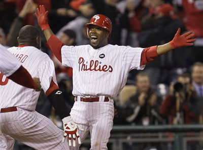 NLCS Game 4: Jimmy Rollins celebrates his walk-off double